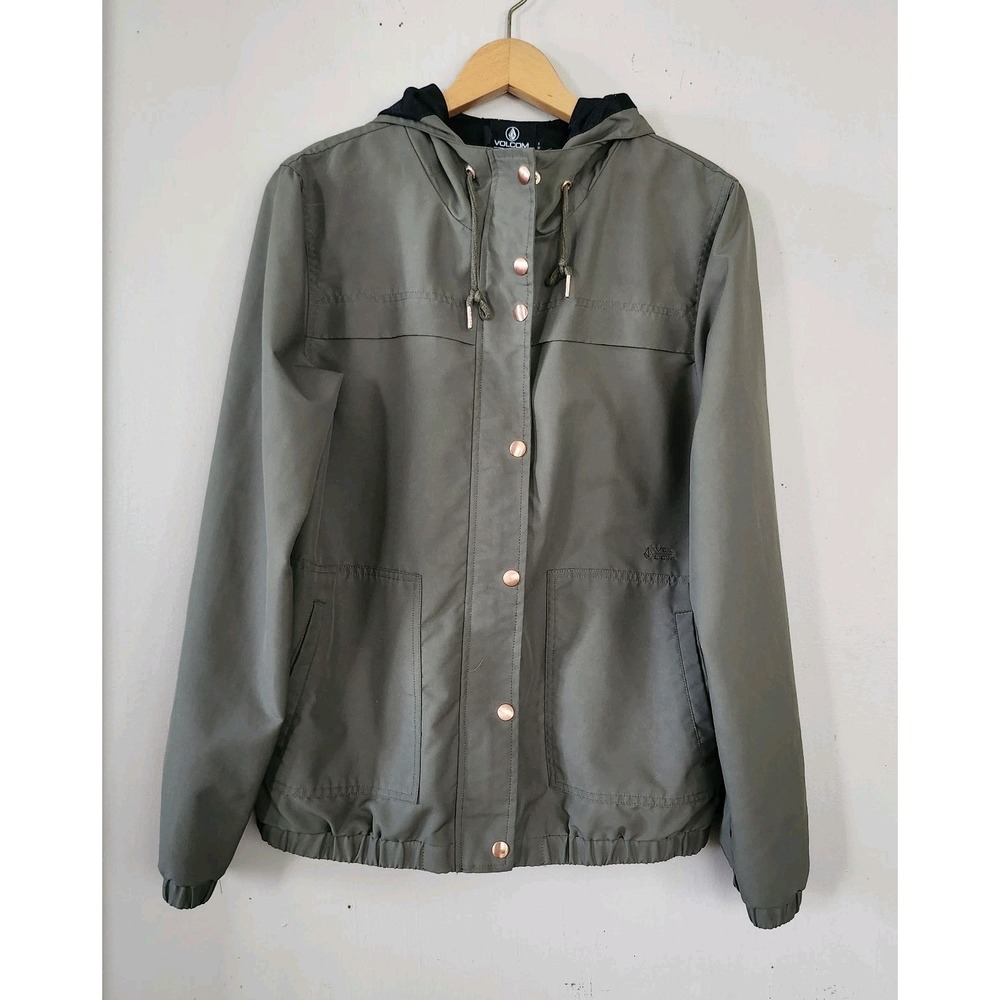 Volcom Womens Sz 12 M Enemy Stone Army Olive Green Hooded Windbreaker Jacket
